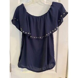 Michael Kors Navy Blue Flouncy Top Sz M Women Short Sleeves Gold Accents Blouse